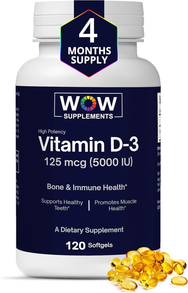 WOW Συμπληρώματα Βιταμίνης D3 5000 IU Softgels, 125 mcg - Βιταμίνη D3 5000IU Συμπλήρωμα για Ισχυρά Οστέινα και Ανοσοποιητική Υποστήριξη - Μη ΓΤΟ, Χωρίς Γλουτένη Βιταμίνη D 5000 IU - VIT D3 5000 IU Softgels - 120 Count