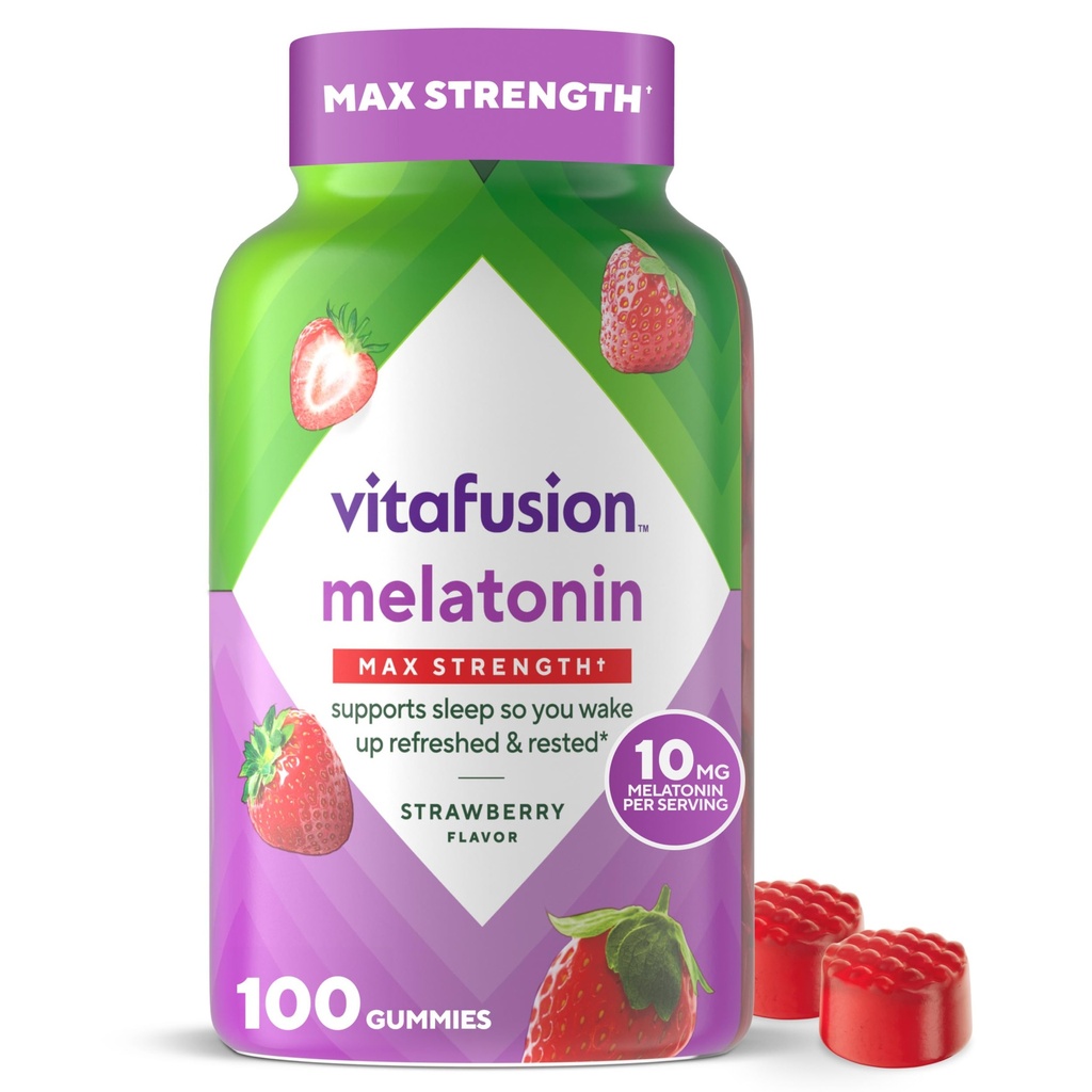 Vitafusion Max Strength 10 mg Μελατονίνη Gummies, Φράουλα Γεύση, Ενηλίκων Μελατονίνη Gummy Συμπλήρωμα βιταμίνης, 100 Count, 50 Day Supply