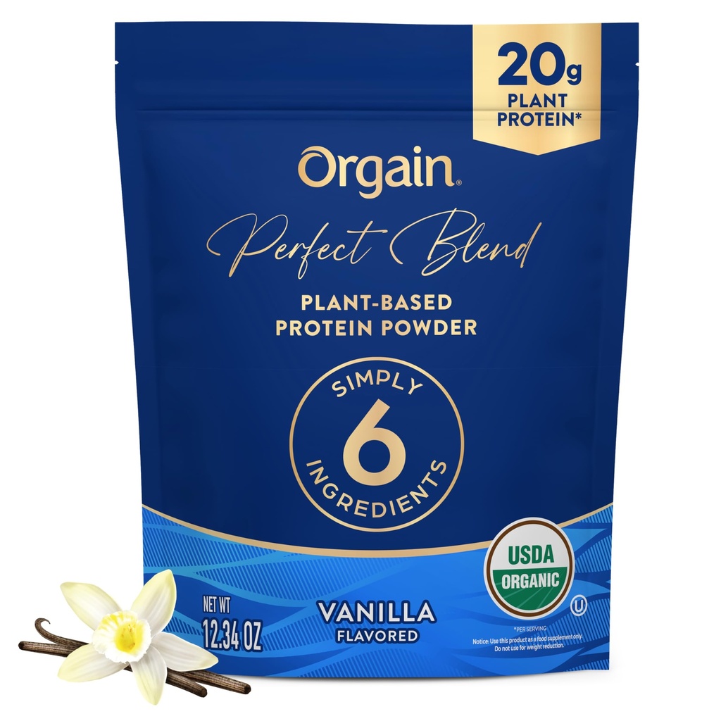 Orgain Organic Vegan Perfect Blend Protein Powder, 20g Clean Plant Protein, 6 Συστατικά, <1g Sugar, Gluten Free, Non-GMO; No Artificial Flavors, Stevia Extract, Dairy or Soy Ingredients - Βανίλια