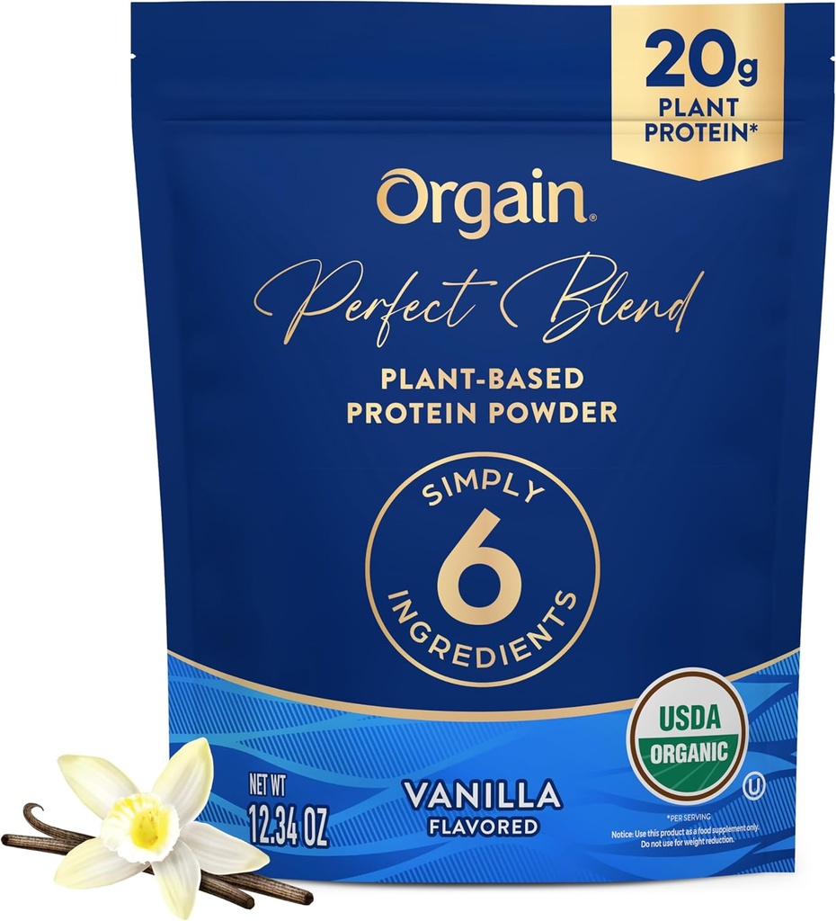 Orgain Organic Vegan Perfect Blend Protein Powder, 20g Clean Plant Protein, 6 Συστατικά, <1g Sugar, Gluten Free, Non-GMO; No Artificial Flavors, Stevia Extract, Dairy or Soy Ingredients - Βανίλια
