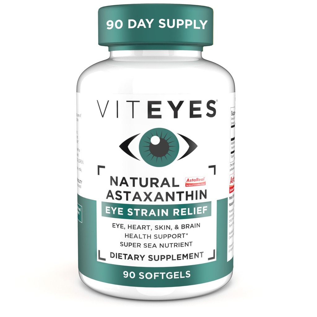Viteyes Φυσική Ασταξανθίνη, Ανακουφίζει Κουρασμένα Μάτια & Οφθαλμικό Στέλεχος, πηγάζει από άλγη, Εφίδρωση του δέρματος, Καρδιά & Εγκεφαλική Υγεία, 4 έως 8 mg Φυσική Ασταξανθίνη, 90 Softgels