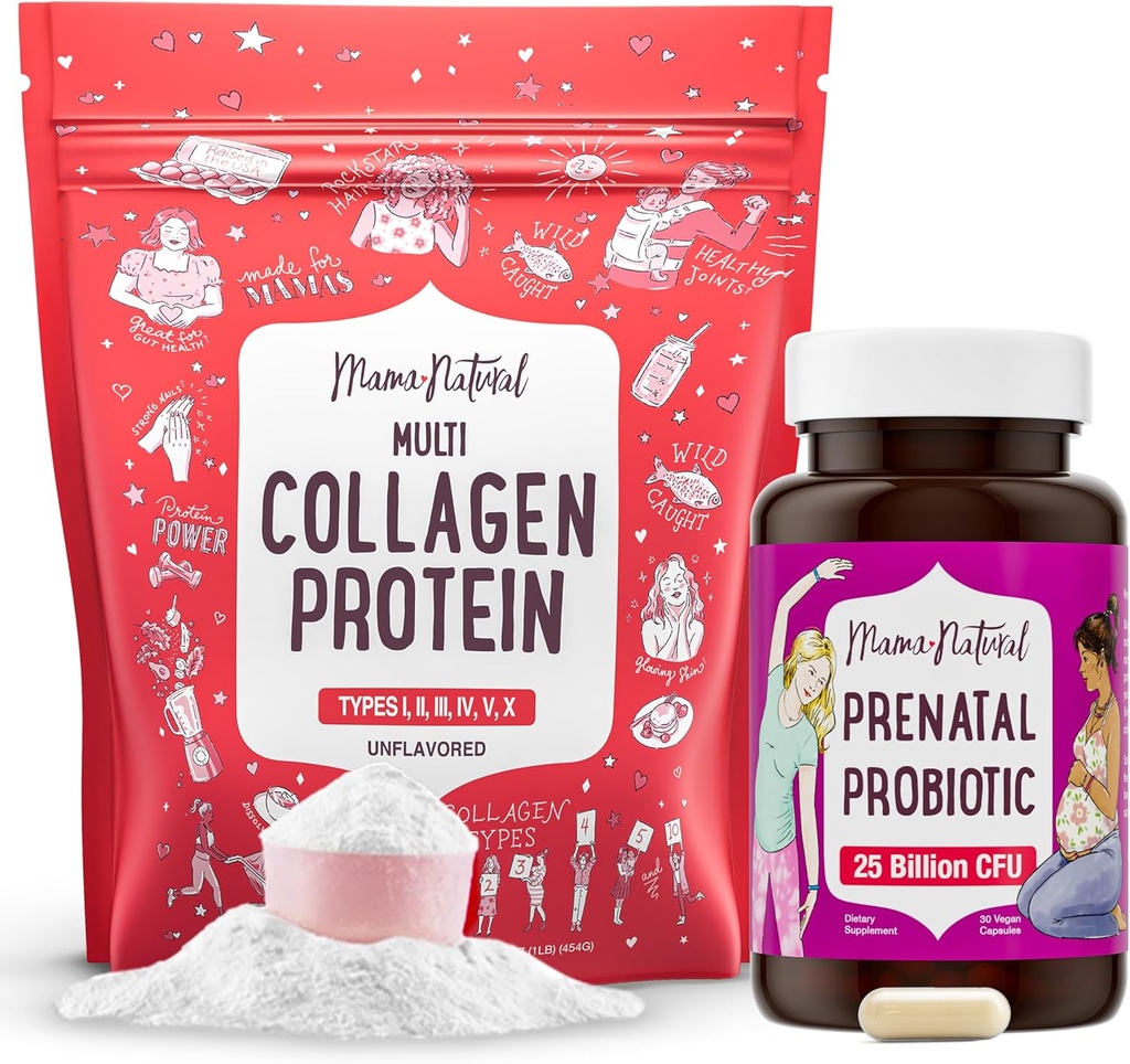Mama Natural Προγεννητικό & Multi Collagen Bundle Πρωτεΐνη - 25 δισεκατομμύρια CFU & 11g υδρολυμένα πεπτίδια κολλαγόνου για την εγκυμοσύνη, τα μαλλιά, το δέρμα, τα νύχια & Digestive Υγεία Υποστήριξη