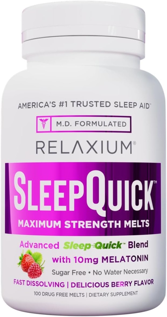 Relaxium Sleep Quick Maximum Strength Lits, Fast Acting Sleep Aid με 10 mg μελατονίνης, συμπλήρωμα διατροφής χωρίς φάρμακα, Vegan, Gluten Free, Made in USA, 100 Servings, Berry Flavor