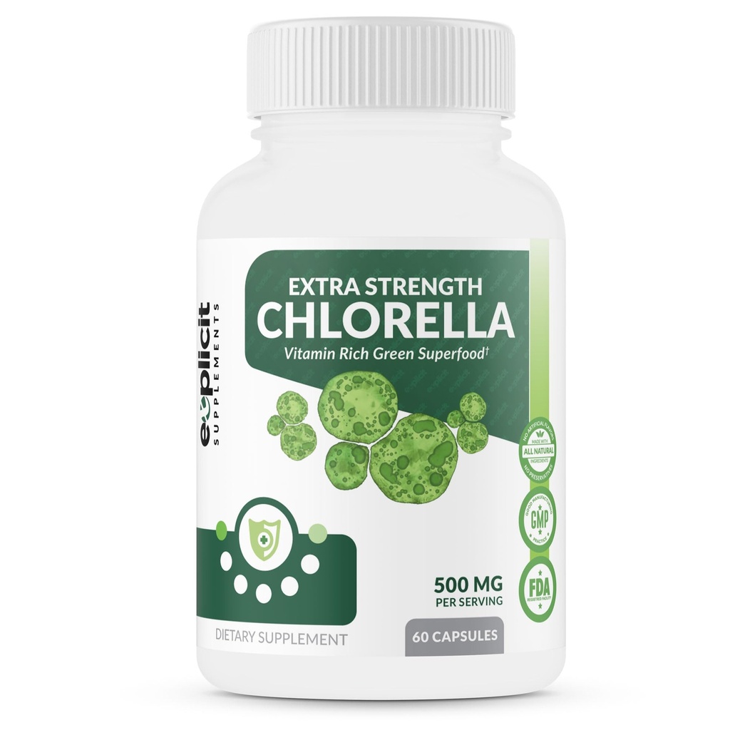 EXplicit Συμπληρώματα επιπλέον δύναμη Chlorella Superfood Κάψουλες σπασμένου κυτταρικού τοιχώματος υψηλής ισχύος Vegan Super Food, 1000mg καθημερινά - 60 κάψουλες
