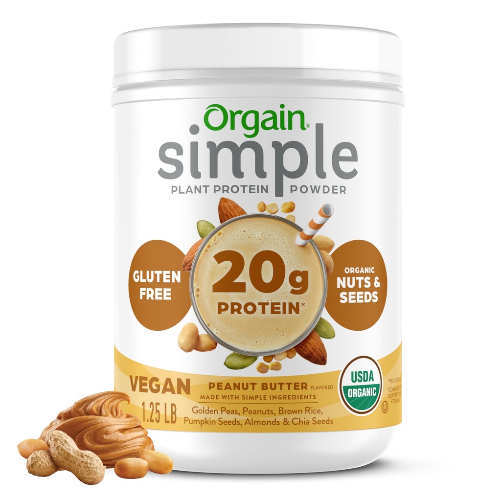 Orgain Organic Simple Vegan Protein Powder, Φυστικοβούτυρο - 20g φυτικής πρωτεΐνης, με λιγότερα συστατικά, χωρίς τεχνητά γλυκαντικά, χωρίς γλουτένη, χωρίς γαλακτοκομικά ή λακτόζη, 1,25 lb (συσκευασία Μαΐου Vary)