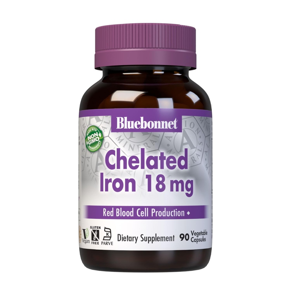 Bluebonnet Nutrition Chelated Iron 18 mg - μη ενισχυτικός σίδηρος - Χωρίς σόγια, χωρίς γλουτένη, μη ΓΤΟ, Kosher Certified, χωρίς γαλακτοκομικά, Vegan - 90 κάψουλες λαχανικών, 90 Servings