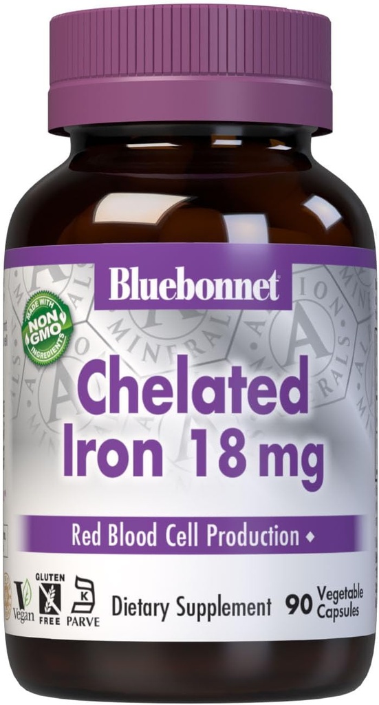 Bluebonnet Nutrition Chelated Iron 18 mg - non-constipating Iron - Soy-Free, Gluten-Free, Non-GMO, Kosher Certified, Dairy-Free, Vegan - 90 Vegetable Capsules, 90 Servings