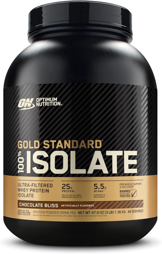 Optimum Nutrition Gold Standard 100% Isolate, Protein Powder, Chocolate Bliss, 3 Λίρες, 44 μερίδες. Απομονωμένη πρωτεΐνη ορού γάλακτος (συσκευασία Μαΐου Vary)