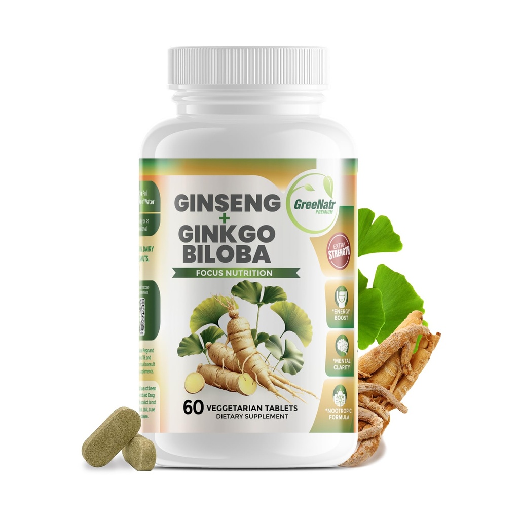 GreeNatr Ginko Biloba & Panax Ginseng συμπλήρωμα - Κόκκινο Ginseng συμπλήρωμα εγκεφάλου για τη μνήμη και εστίαση - Ginkgo Biloba συμπληρώματα για την καλή όραση, ανοσοποιητικό σύστημα και βελτιωμένη ροή αίματος - 60 δισκία