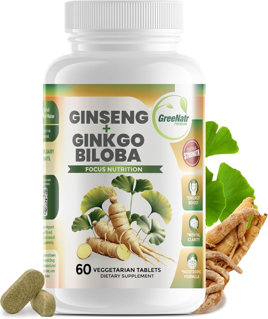 GreeNatr Ginko Biloba & Panax Ginseng Supplement - Red Ginseng Brain Supplement for Memory and Focus - Ginkgo Biloba Supplements for Good Vision, Immune System and Improved Blood Flow - 60 Tablets