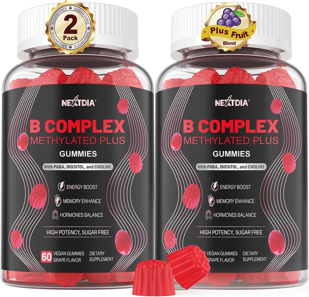 Εγκεφαλική & Mood Support Gummies, Super Vitamin B Complex για άνδρες & γυναίκες, All B Vitamin B1 B2 B3 B5 B6 B7 Folate MethyB12 με PABA, Ινοσιτόλη, Choline, Υποστηρίζει MTHFR Gene & Energy, Vegan, 120Ct