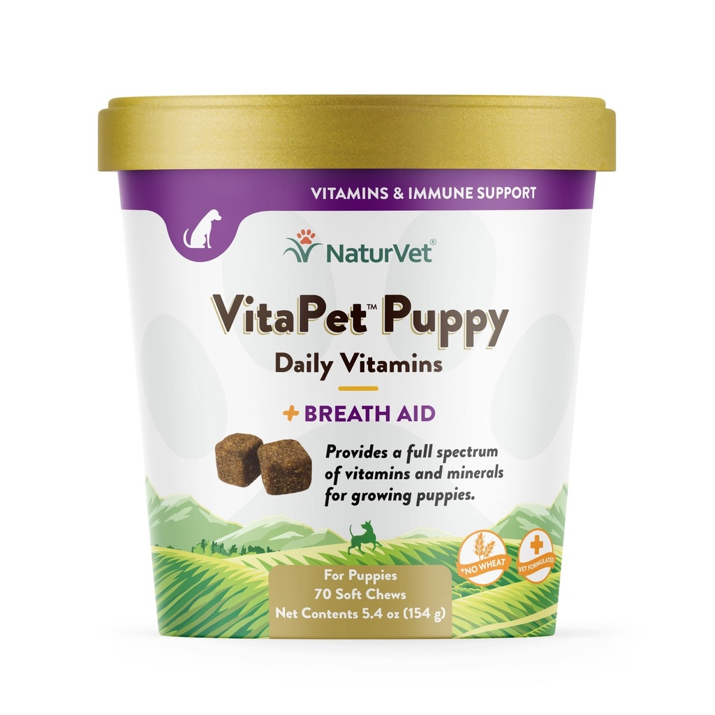 NaturVet – VitaPet Puppy Daily Vitamins for Dogs – Plus Breath Aid – Συγκεκριμένα σχεδιασμένα για να παρέχουν κουτάβια με τις βασικές βιταμίνες, τα ορυκτά, τα αμινοξέα και τα λιπαρά οξέα (70 μαλακά μάσημα)