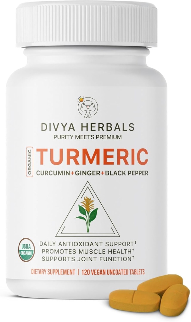 Organic Turmeric & Ginger + Black Pepper - 100% Pure Whole Roots, Unprocessed, Uncopped, Ayurvedic Blend - Υποστηρίζει Κοινή Υγεία & Ασυλία – 120 Vegan Tabs