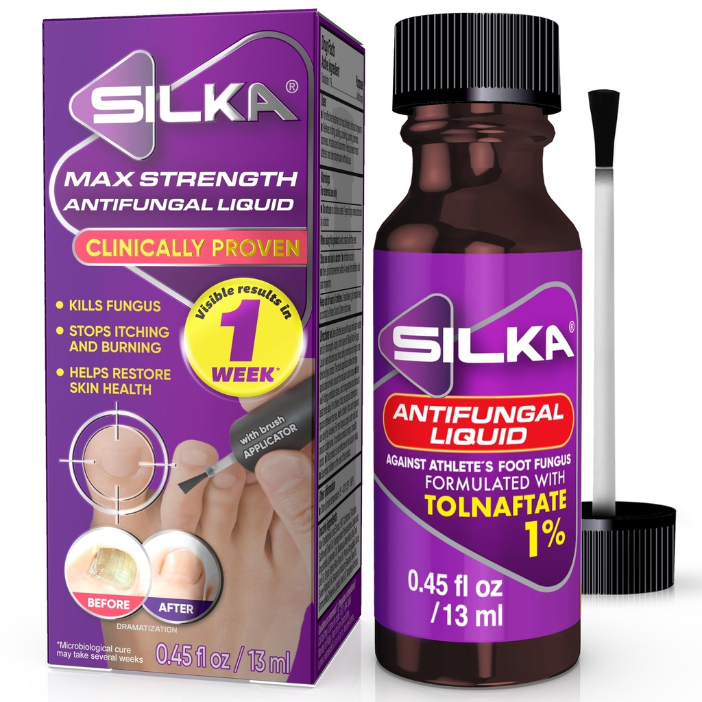 SILKA Max Strength Αντιμυκητιασικό υγρό για την υγεία των ποδιών με το πινέλο Applicator, Αποτελέσματα σε 1 εβδομάδα, Nail Fungus θεραπεία για χαλασμένα νύχια, θεραπεία ποδιών αθλητή, Tolnaftate 1% 0,45 Fl Oz