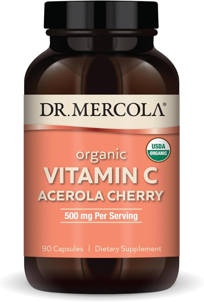 Dr. Mercola Organic Vitamin C Acerola Cherry, 30 σερβιρίσματα (90 κάψουλες), 500 mg ανά υπηρεσία, συμπλήρωμα διατροφής, υποστηρίζει υγιή ανοσοποιητική λειτουργία, μη-ΓΤΟ, πιστοποιημένο USDA οργανικό