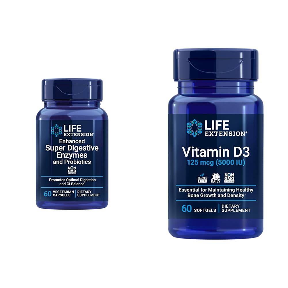 Επέκταση ζωής 60- Count Super Digestive Enzymes & 5000 IU Βιταμίνη D3 Κάψουλες για Διέγερση, Οστό, Εγκέφαλο, Ανοσοποιητική Υγεία