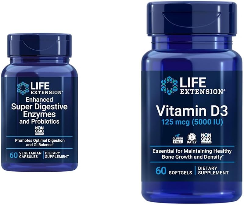 Life Extension 60-Count Super Digestive Enzymes & 5000 IU Vitamin D3 Capsules for Digestion, Bone, Brain, Immune Health