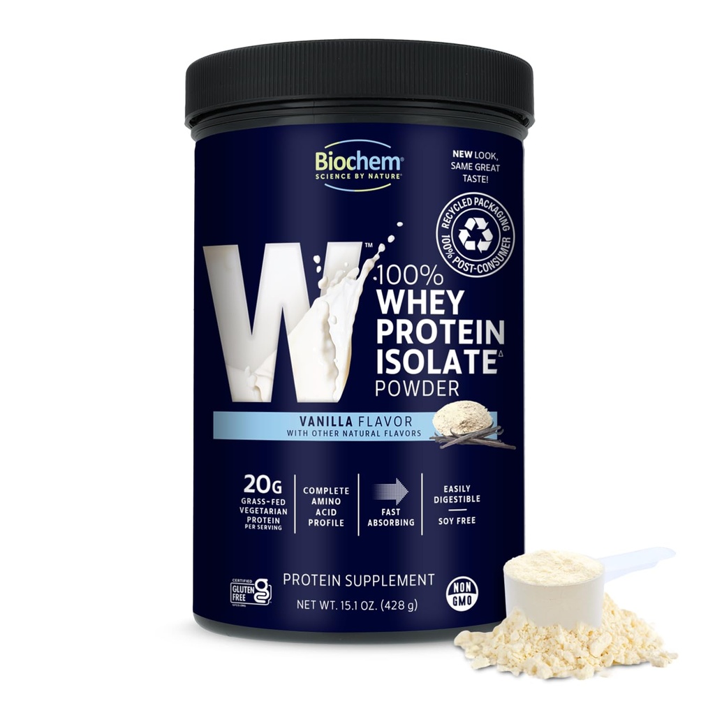 Biochem 100% Whey Isolate Protein - Vanilla Flavor - 15.1 Ουγγιά - Υποστηρίζει την Ανοσολογική Υγεία - Εύκολα Digestible - αναζωογονητική γεύση - 20g Χορτοφαγική Πρωτεΐνη - Αμινοξέα