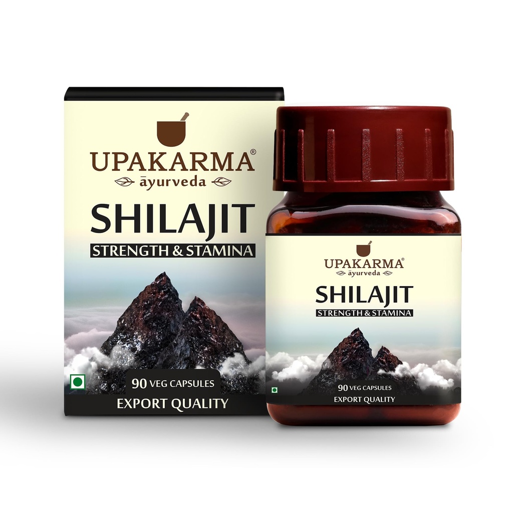 Upakarma Ayurveda 100% Pure Shilajit 90 κάψουλες για τη δύναμη,Σταμίνα, Υποστήριξη Impune,Φυσική πηγή Fulvic Acid & Trace Minerals-1000 MG για 2 κάψουλες (Καθημερινή δοσολογία), 45 ημέρες εφοδιασμού - Συσκευασία του 1