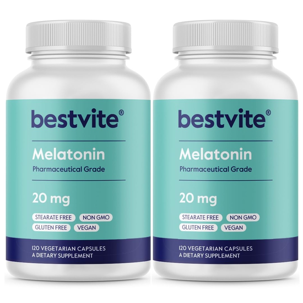BESTVITE Μελατονίνη 20mg (240 κάψουλες χορτοφάγων) (120 x 2) - Όχι Stearates - Vegan - Μη ΓΤΟ - Χωρίς γλουτένη
