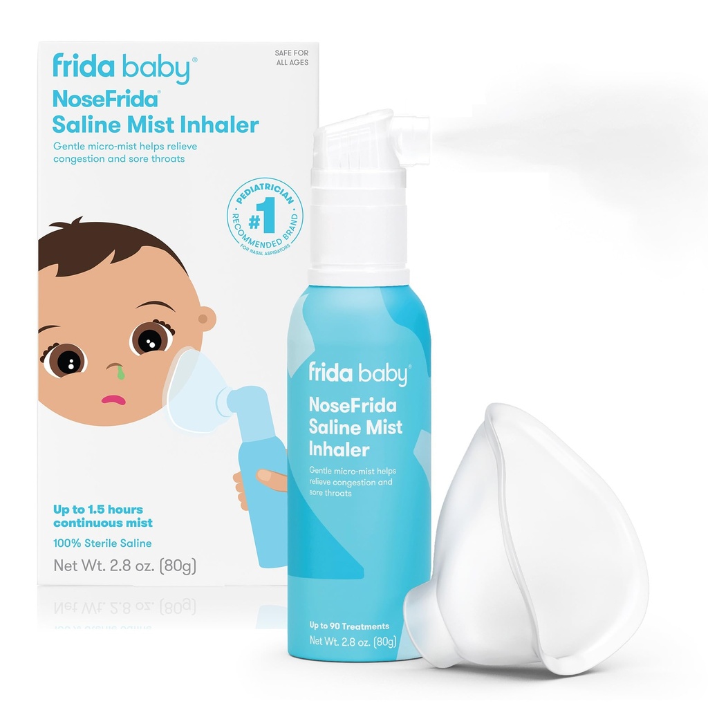 Frida Baby NoseFrida Saline Mist Nasal Inhaler, Αποσυμφορητικό Spray για Συμφόρηση & Αλλεργία Ανακούφιση για Μωρά + Παιδιά, Nasal Saline Spray, Καταπραϋντική Μύτη & Πόνο Λαρύγγι, Περιλαμβάνει Μάσκα