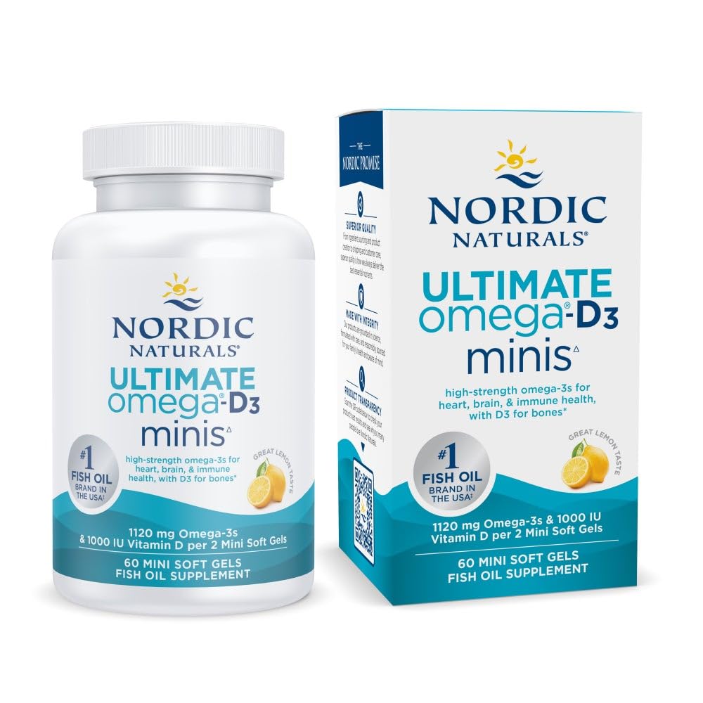 Nordic Naturals Ultimate Omega Mini D3, Lemon Flavor - 60 Mini Soft Gels - 1120 mg Omega-3 + 1000 IU Βιταμίνη D3 - EPA & DHA - Προάγει την υγεία του εγκεφάλου και της καρδιάς - 30 Υπηρεσίες