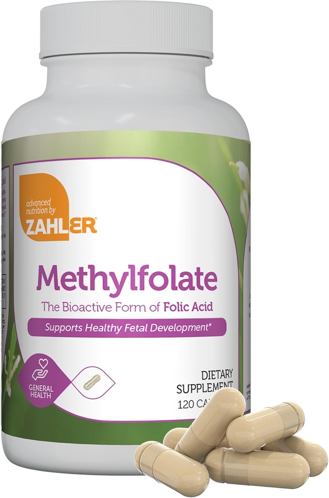 Zahler Methylfolate - Υποστηρίζει την υγιή εμβρυϊκή ανάπτυξη και τη γενετική υγεία - μεθυλιωμένο φολικό οξύ από 1000 mcg DFE L-Methylfolate - Kosher Non GMO συμπλήρωμα φολικό μεθύλιο για τις γυναίκες (120 κάψουλες)