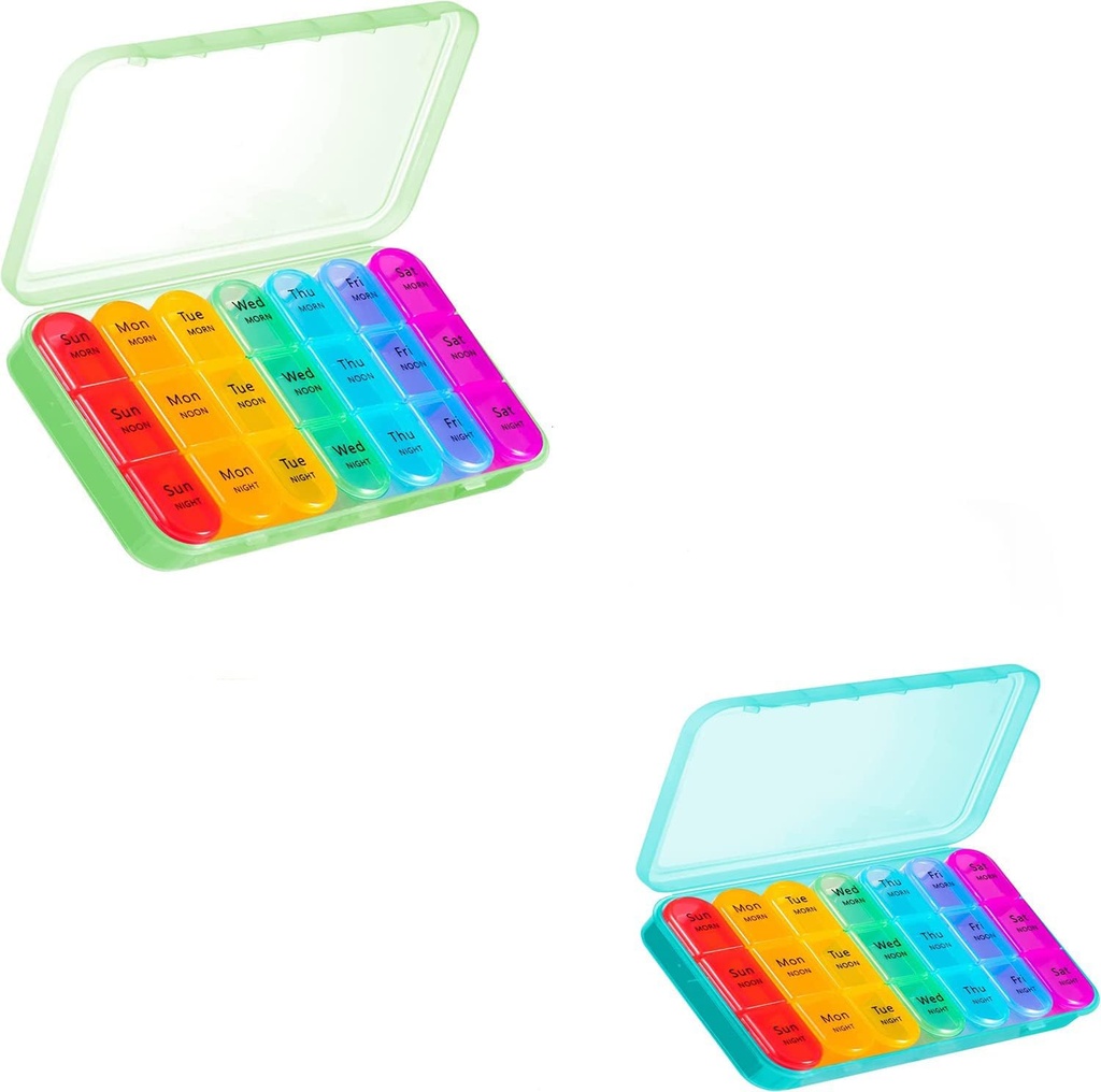 ASprink Green and Cyan 370 Pill Organizer 3 Times a Day - Weekly Pill Box 3 Times a Day, Daily Pill Box 7 Day Medicine Organizer