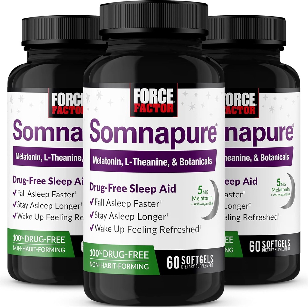 FORCE FACTOR Somnapure Softgels 3-Pack Sleep Aid to Fall Asleep Γρηγορότερα, Stay Asleep Longer, Wake Up Refreshed, Sleep Aid for Adults with Melatonin, Ashwagandha, Valerian Root, 180 Softgels