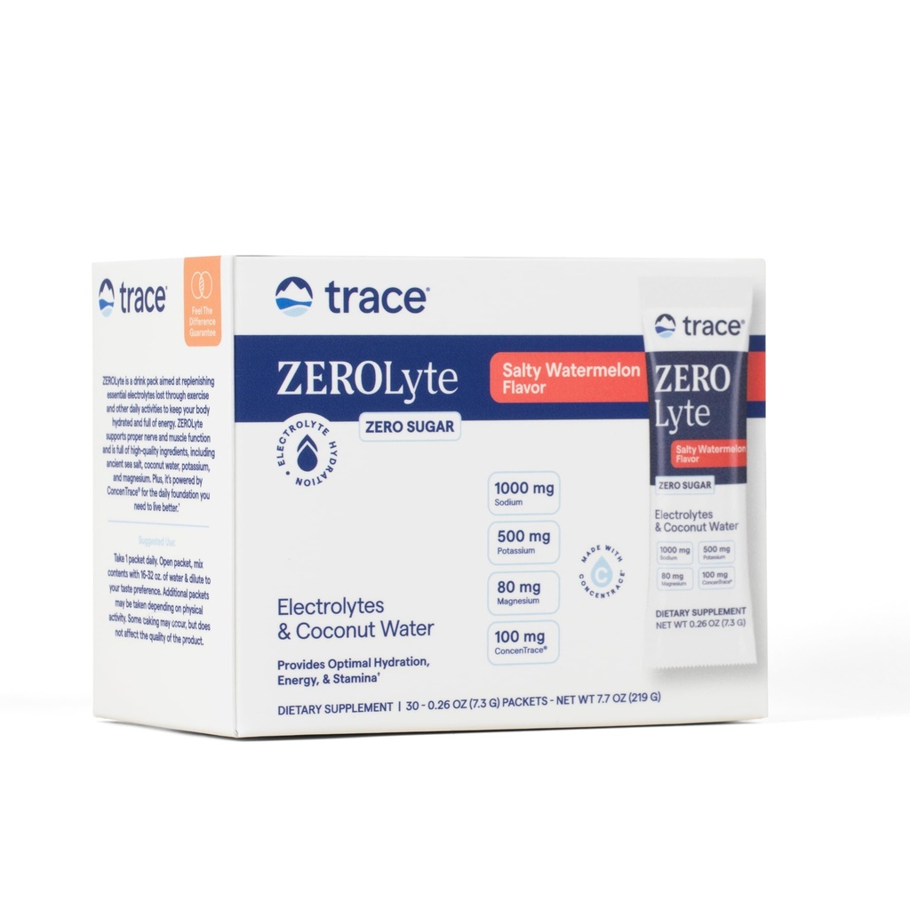 Trace Minerals ZeroLyte - Νάτριο & Ηλεκτρόλυτο Replenishment - Ενέργεια & Ενυδατική Υποστήριξη Πόσιμο σε σκόνη - Nerve & Muscle Function Support - Αλμυρό Καρπούζι, 30 Πακέτα (30 Services)