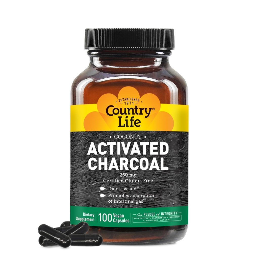 Country Life Coconut ενεργοποιημένες κάψουλες καρβουνιού, 260mg – Φυσικό συμπλήρωμα καρβοξυλιάς για το αέριο και την αναρρόφηση - Χωρίς γλουτένη, 100 κάψουλες Vegan