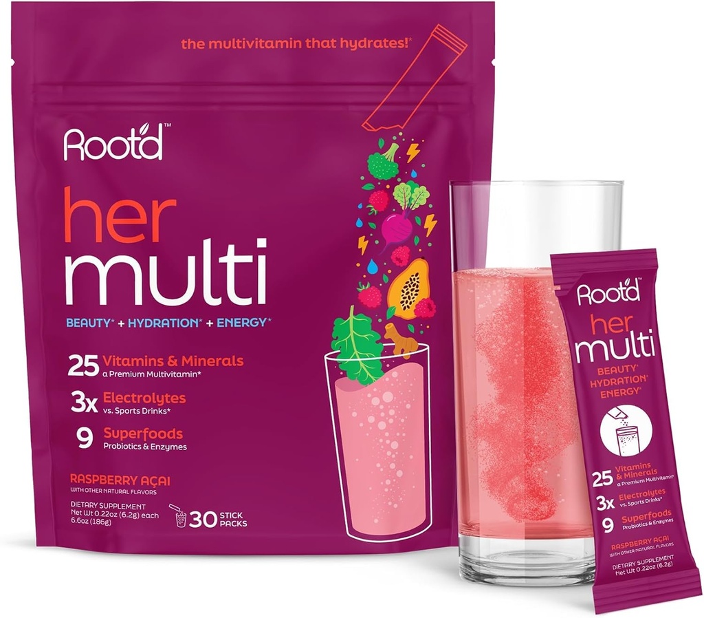 Root'd Multivitamin Powder for Women - 25 Βιταμίνες & Ορυκτά με 3X Electrolytes, 9 Organic Superfoods, Probiotics & Enzymes, Sugar-Free Multivitamin & Hydration 