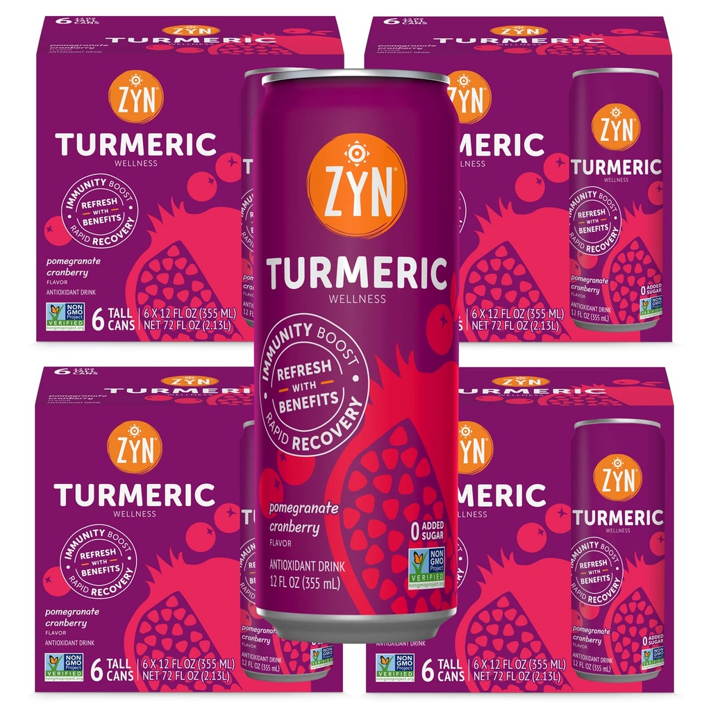 ZYN Turmeric Wellness Drink (24 Pack), Pomegranate Cranberry Flavored Turmeric Curcumin Drink with Black Pepper, No Added Sugar, Low Carb & Low Calorie Drink, Clean Alternative