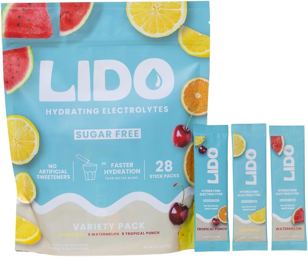 Συσκευασίες σκόνης LIDO Variety Electrolyte Packets - Καθαρή, χωρίς ζάχαρη ενυδατική με ισορροπημένο νάτριο για γρήγορη επαναπλήρωση - Vegan, Παλαιό & Φιλικό νηστείας - 28 Sticks