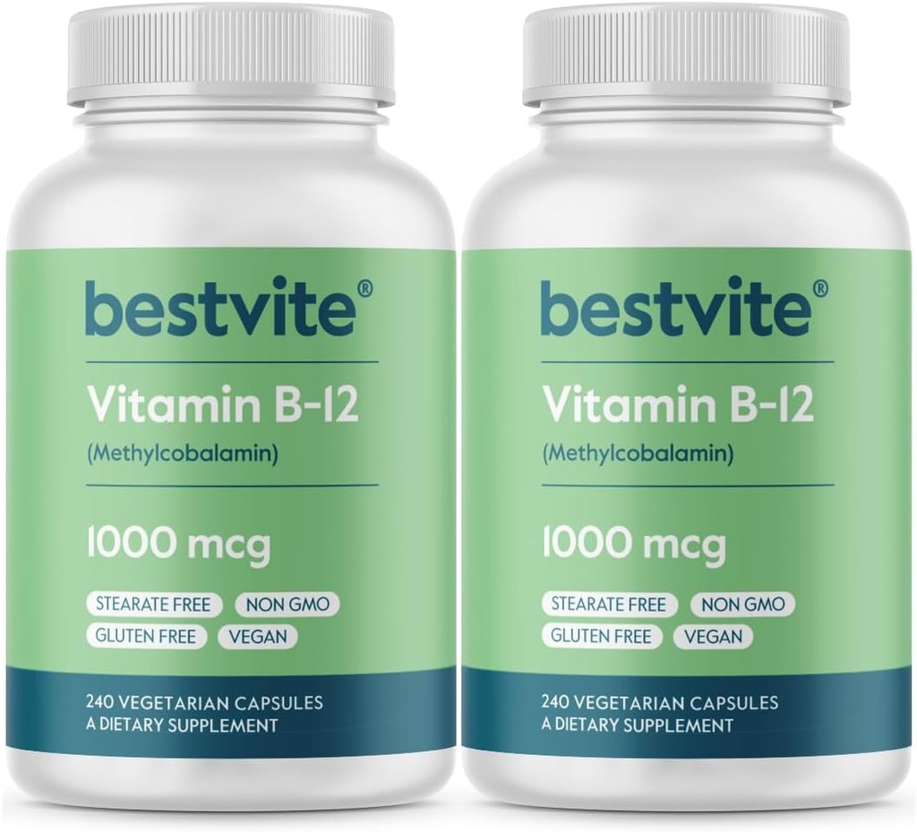 BESTVITE Βιταμίνη B12 (μεθυλοκοβαλαμίνη) 1000mcg (480 κάψουλες χορτοφάγων)(2 x 240) (μεθυλο-B12) - Χωρίς Stearates - Vegan - Non GMO - Χωρίς γλουτένη