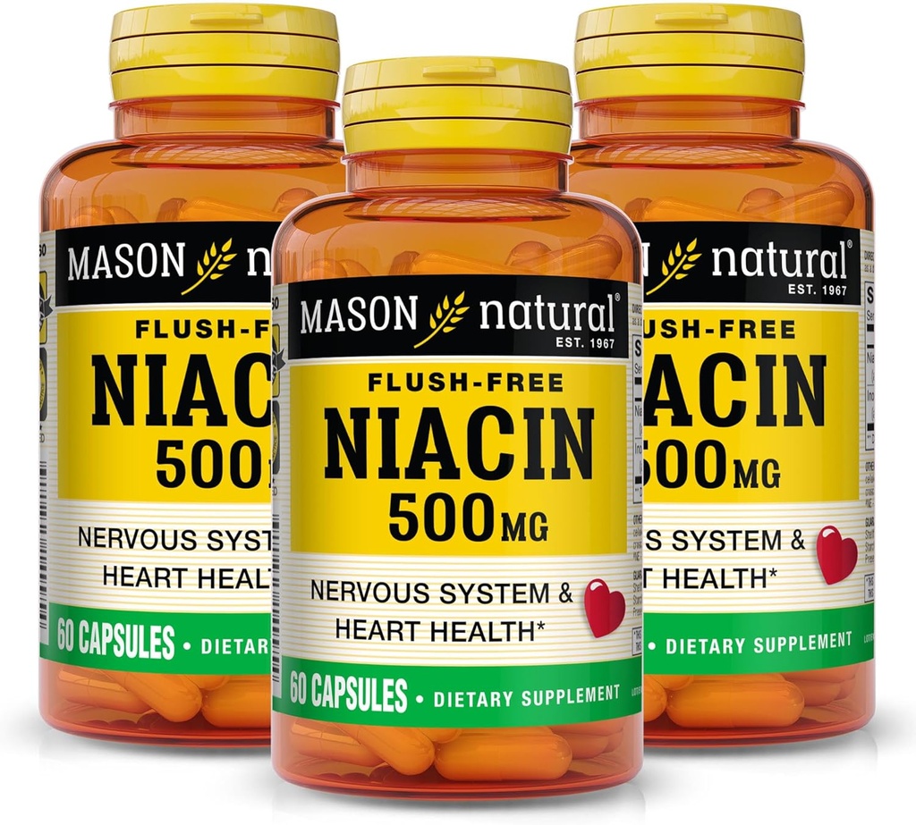 MASON NATURAL Niacin 500 mg Flush-Free, Υποστηρίζει την καρδιακή υγεία, το νευρικό σύστημα & την παραγωγή ενέργειας, 60 κάψουλες, συσκευασία των 3