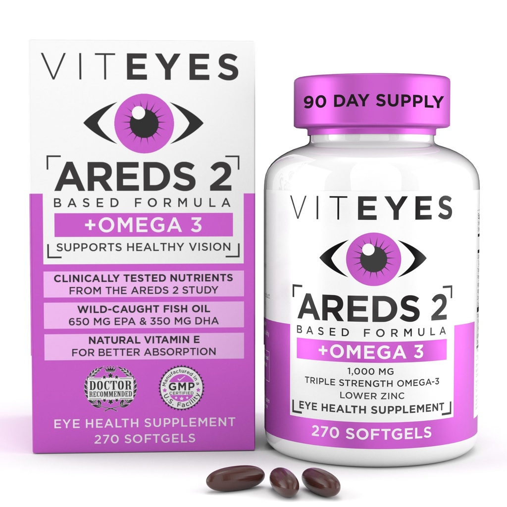 Viteyes AREDS 2 + Ωμέγα-3 Macular Support Softgels, Plus Triple Strength Omega-3 (650 mg EPA, 350 mg DHA) για την υγεία της καρδιάς και των ματιών, βιταμίνες ματιών, συμπλήρωμα όρασης, 270 Softgels