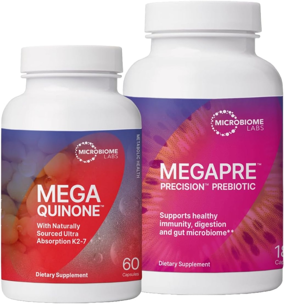 Microbiome Labs MegaPre Prebiotic to Support Digestion & Gut Barrier (180 κάψουλες) + MegaQainone K2-7 Συμπληρωμένο συμπλήρωμα βιταμίνης Κ με μαγνήσιο, ψευδάργυρο (60 κάψουλες) - 2 Product Bundle