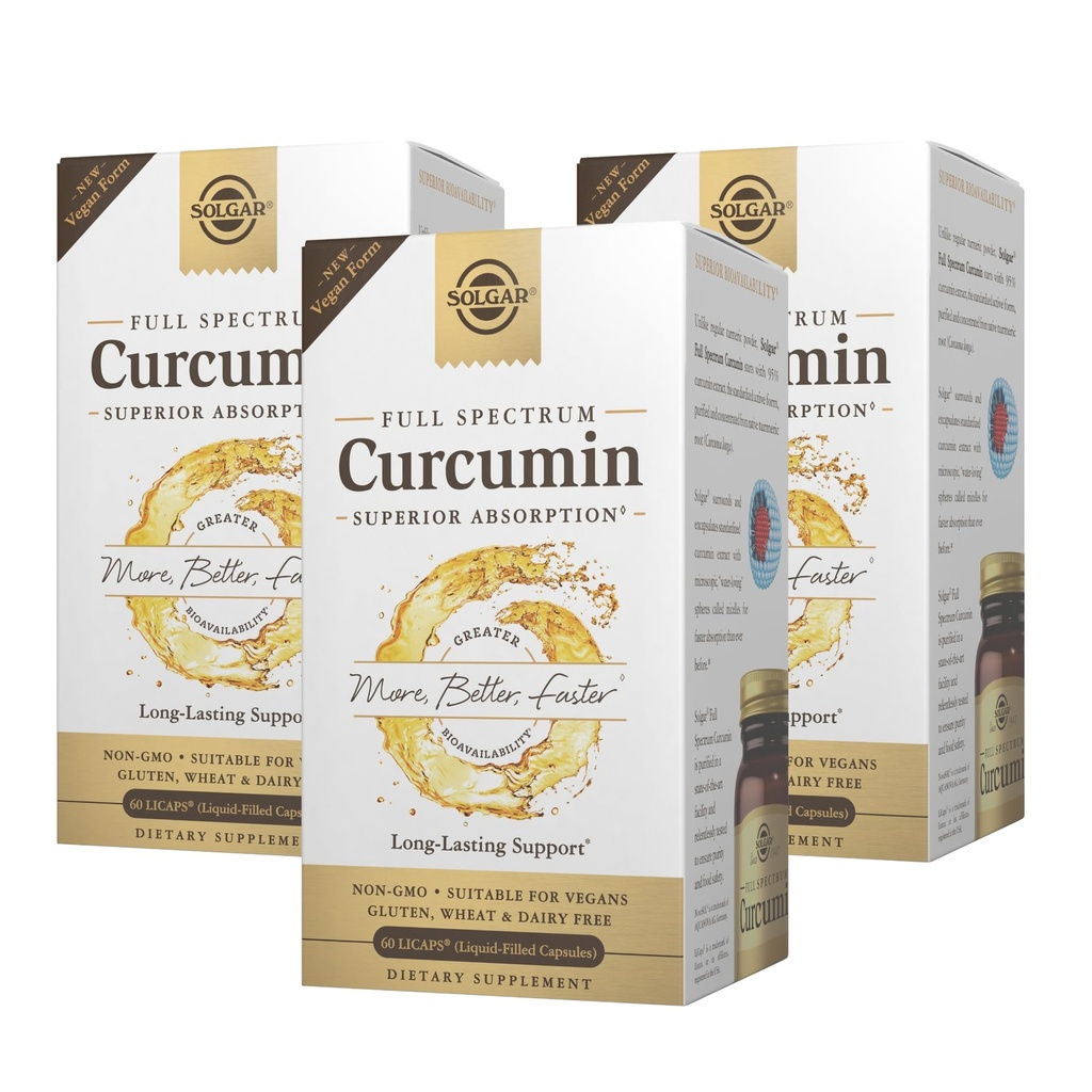 Solgar Full Spectrum Curcumin - 60 LiCaps, Συσκευασία των 3 - Superior Απορρόφηση - Εγκεφαλική, Κοινή & Ανοσολογική Υγεία - Μη ΓΤΟ, Vegan, Χωρίς Γλουτένη, Χωρίς Γαλακτοκομικά - 180 Σύνολο Σερβίρεις