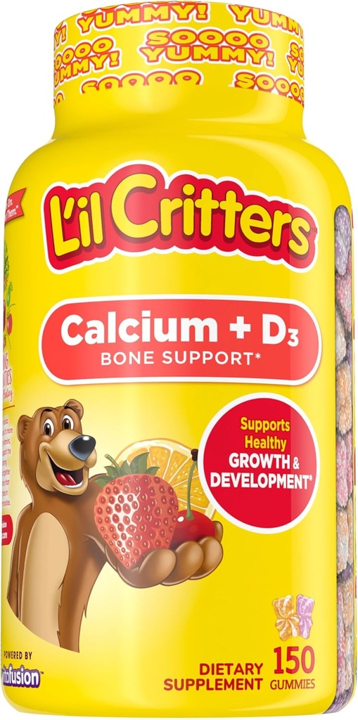 L’il Critters Ασβέστιο + D3 Καθημερινή Gummy συμπλήρωμα για τα παιδιά, για την υποστήριξη των οστών, πορτοκάλι, φράουλα και γεύση κεράσι, 150 Gummies
