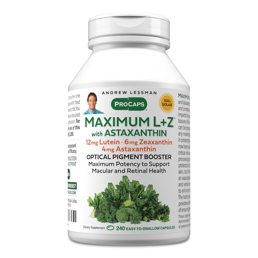 ANDREW LESSMAN Μέγιστο L+Z με Ασταξανθίνη 240 Softgels - 12mg Λουτεΐνη, 6mg Ζεαξανθίνη, 4mg Ασταξανθίνη. Βασικά θρεπτικά συστατικά για την υποστήριξη της υγείας των ματιών και του εγκεφάλου, και την προώθηση της υγιούς όρασης.