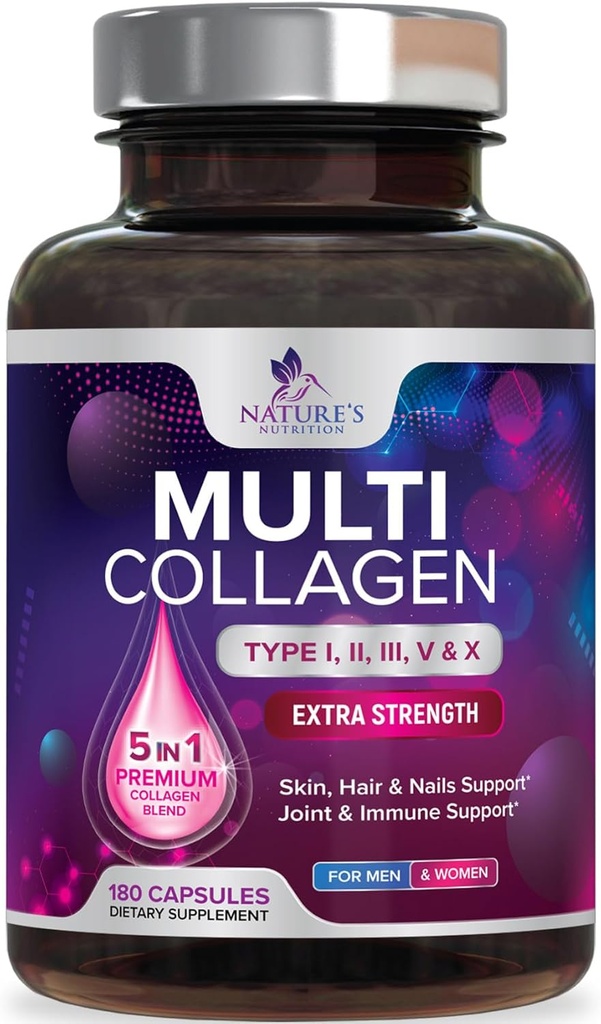Multi Collagen Supplement 2400 mg - Τύποι I, II, III, V & X Multi Collagen Peptides Pells for Women & Men, Hydrolyzed Collage Supplements, Hair, Skin, Nail, & Joint Supplement Υποστήριξης - 180 Κάψουλες