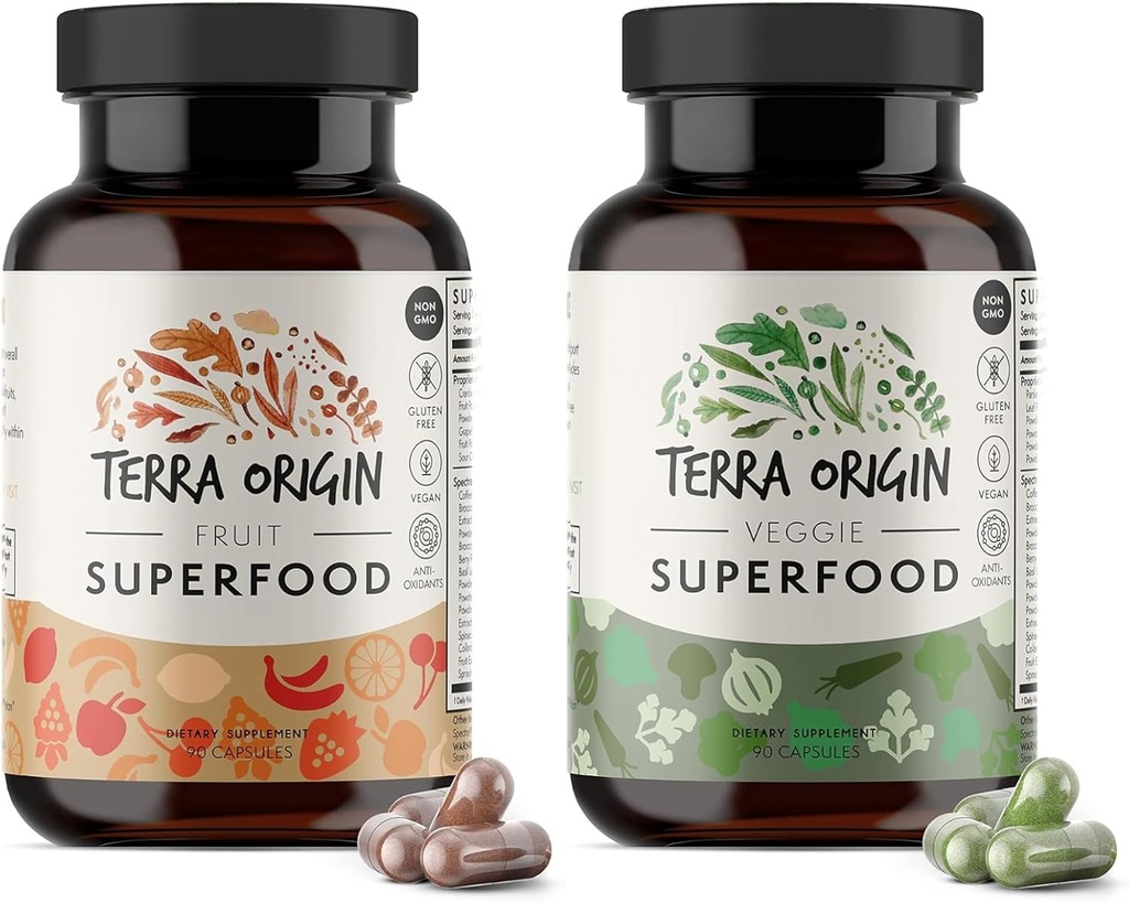 TERRA ORIGIN Fruit and Veggie Superfood Supplement | 180 Vegetarian Capsules | Non GMO, Gluten Free, Vegan Pills Made in USA | Natural Antioxidant Super Fruit for Adults (2 Pack)