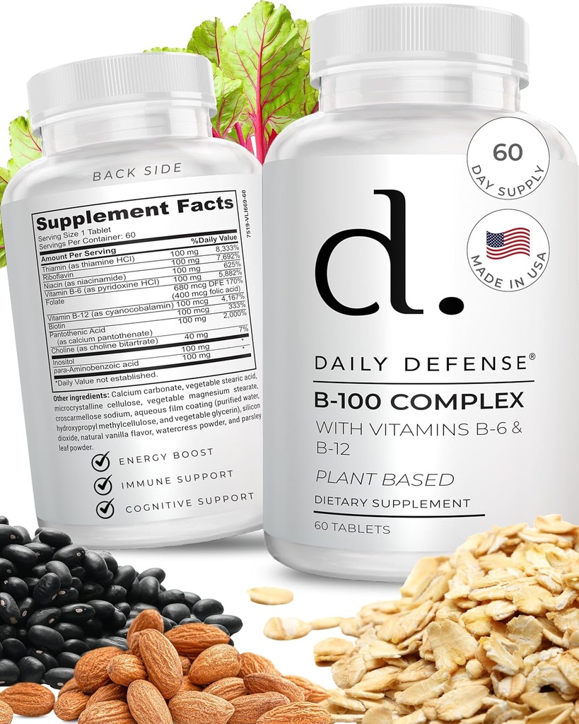 B Σύμπλεκτες Βιταμίνες για Άνδρες & Γυναίκες B-100 Σύμπλεγμα με Βιταμίνη Β-6, Βιταμίνη Β-12, Θιαμίνη, & Περισσότερα - Συμπληρώματα Ενέργειας με βάση το φυτό για Ανοσοποιητική & Γνωστική Υποστήριξη - 60 Δισκία