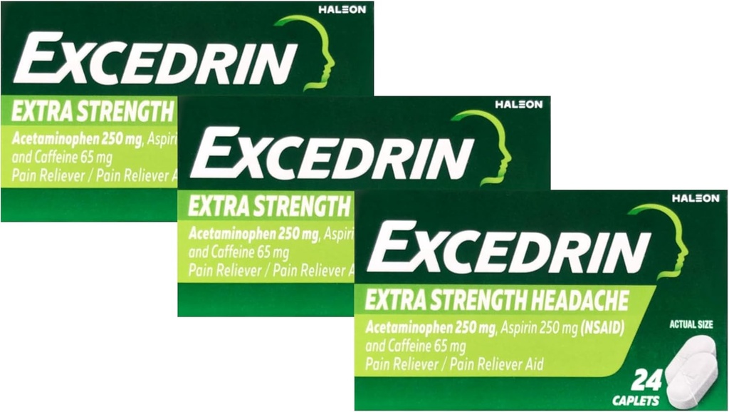 Excedrin Pain Relief Caplets, Extra Strength 24 Ea (Pack of 3)