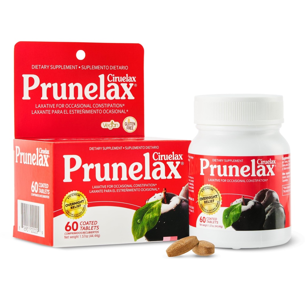 Prunelax Ciruelax Laxative Strength Tablets - Διανυκτέρευση Ανακούφιση για Περιστασιακή Δυσκοιλιότητα, Senna Extract, Vegan & Gluten-free, Fast-Active Gentle Relief - 60ct