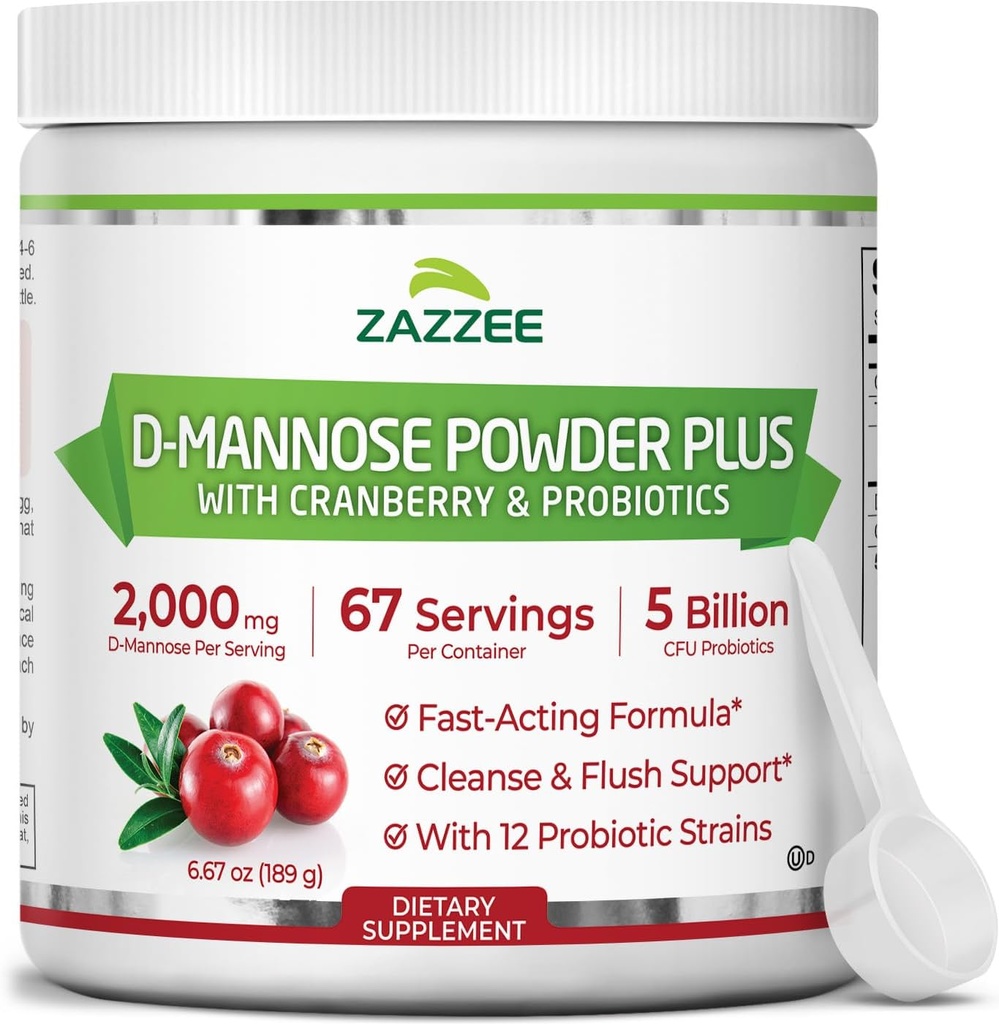 Zazzee D-Mannose Powder Plus, 2000 mg, 67 Services, Poent & Fast-Acting, Plus 5 δισεκατομμύρια CFU Probiotics και Pure Cranberry Juice Extract, Kosher, Free Scoop, 6,5 Oz, Χωρίς γλουτένη, Μη ΓΤΟ Όλα-Φυσικά