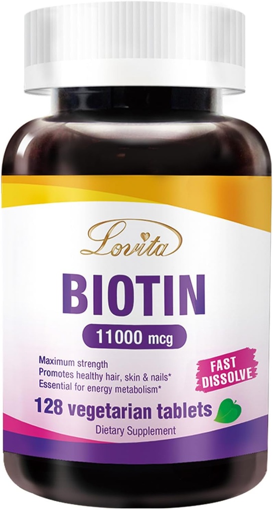 LOVITA Μέγιστη δύναμη 11. 000mcg Βιοτίνη: Ταχεία Διάλυσης, Χορτοφαγικά δισκία - Εύκολα Απορροφημένα, Γλουτένη & Γαλακτοκομικά, 128 Vegan- Φιλικά δισκία