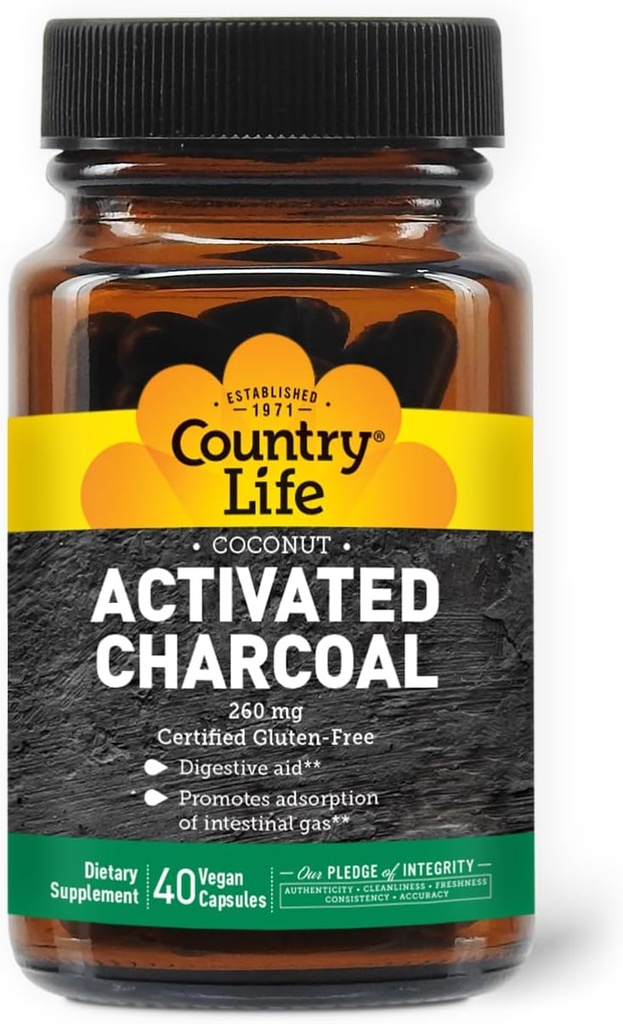 Country Life Coconut Activated Charcoal Capsules, 260mg – Natural Charcoal Supplement for Gas and Bloating Relief - Gluten-Free, 40 Vegan Capsules