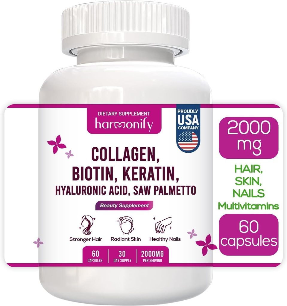 Collagen Biotin Keratin Hyaluronic Acid Complex Supplement with Vitamin E, Folic Acid, Pumpkin Seed and MSM, 60 Capsules, 1000 mg